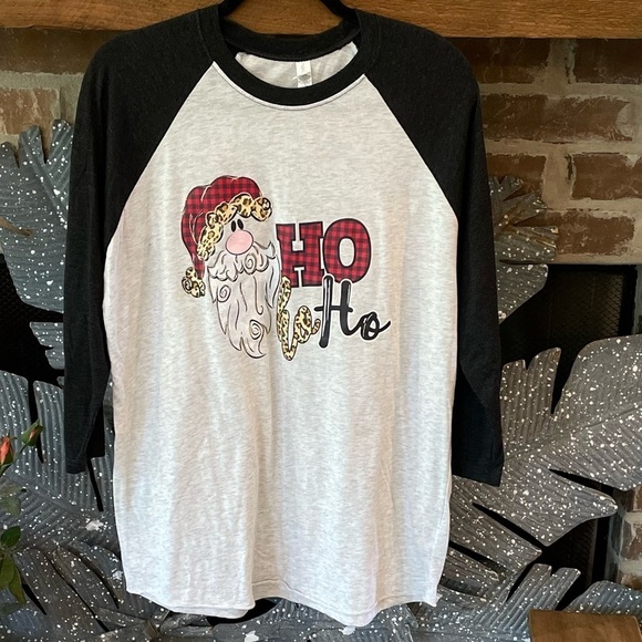 Long Raglan Sleeve (Black ) Body (Heather Gray) Santa HoHoHo Christmas Tee - Picture 1 of 3